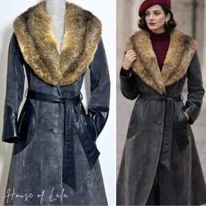 Black Suede, Leather Penny Lane Coat with Fur Collar. Vintage Women's Coat
